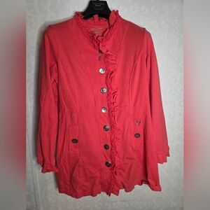 Neon Buddha Vibrant Coral Trench Coat with Ruffle Accents